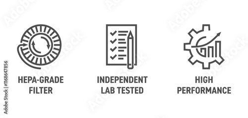 Independent Lab Tested, HEPA-grade filter, High Performance. icons in bold line