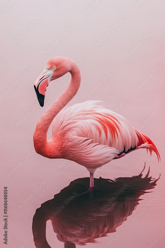 Obraz premium A graceful flamingo stands in shallow water, showcasing its vibrant pink feathers.