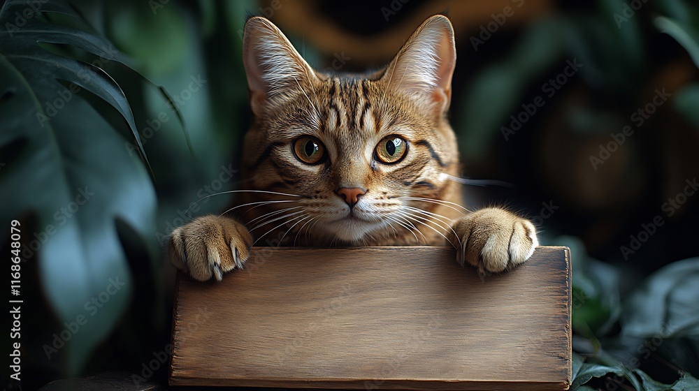 Close-Up Photo: Curious Tabby Cat Playfully Holds Wooden Sign Among Lush Greenery. AI Generated Close-Up Photo: Curious Tabby Cat Playfully Holds Wooden Sign Among Lush Greenery. AI Generated