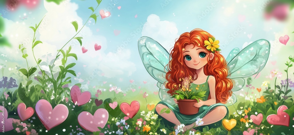 Fairy with Red Hair and Green Wings in Flower Field, Planting Flowers Surrounded by Colorful Hearts, copy space for text Fairy with Red Hair and Green Wings in Flower Field, Planting Flowers Surrounded by Colorful Hearts, copy space for text
