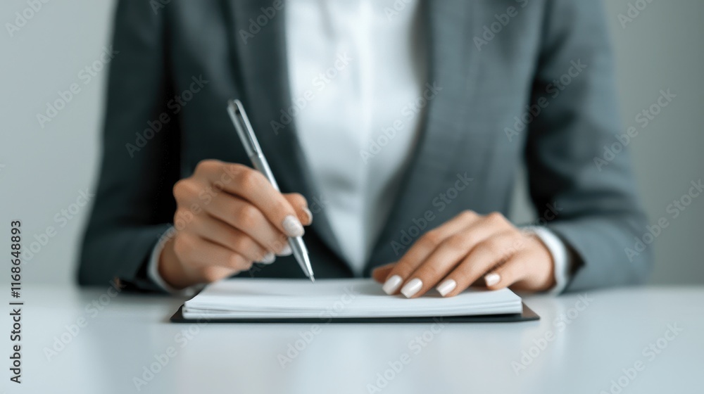 Professional Businesswoman Writing Notes on Notepad with Pen in Modern Office Setting Professional Businesswoman Writing Notes on Notepad with Pen in Modern Office Setting