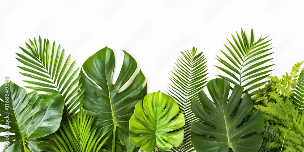 Fototapeta premium Lush tropical leaves border on white.