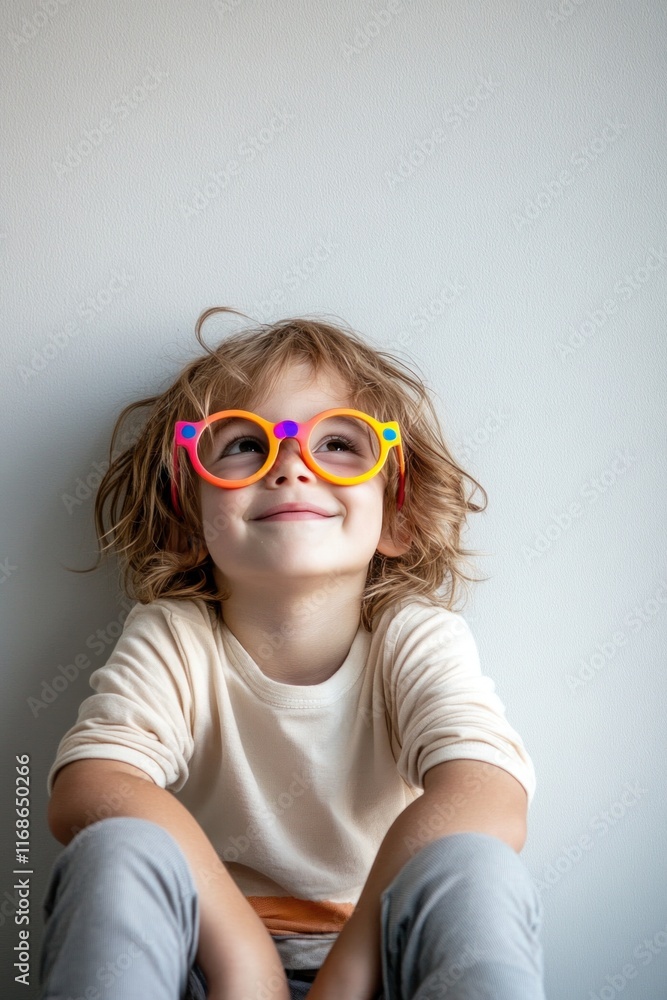 Dreaming child wearing colorful glasses looks up with hope and imagination Dreaming child wearing colorful glasses looks up with hope and imagination