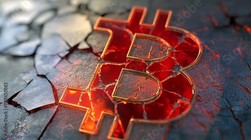 Cracked Bitcoin symbol on blurry background with red stock trends , 16:9 photo