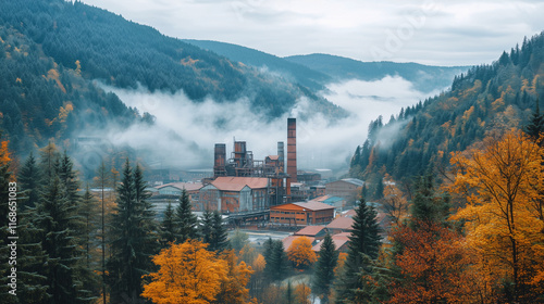 Paisaje invernal con fábrica industrial y humo al amanecer photo