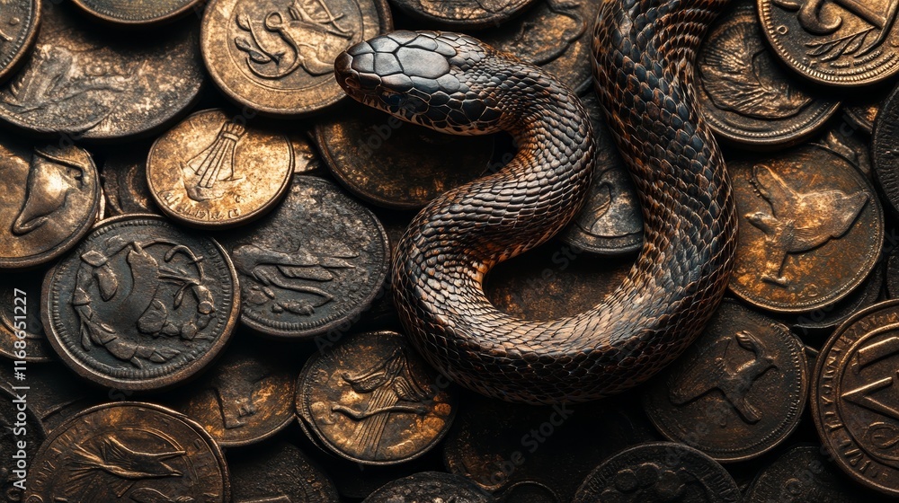 Serpentine Journey: Small Snake Slithering Amid Ancient Coins in a Symbolic Metallic Composition Serpentine Journey: Small Snake Slithering Amid Ancient Coins in a Symbolic Metallic Composition