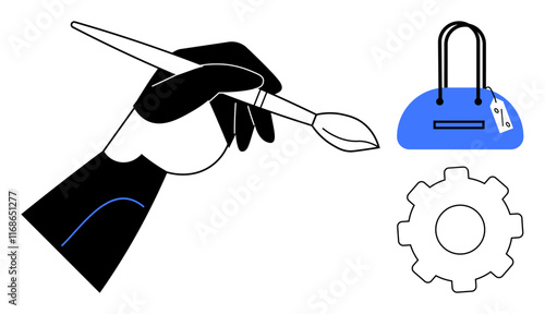 Hand grips paintbrush with handbag and gear nearby. Ideal for creativity, fashion design, engineering, workshops, product development, marketing, and brand identity. Line metaphor