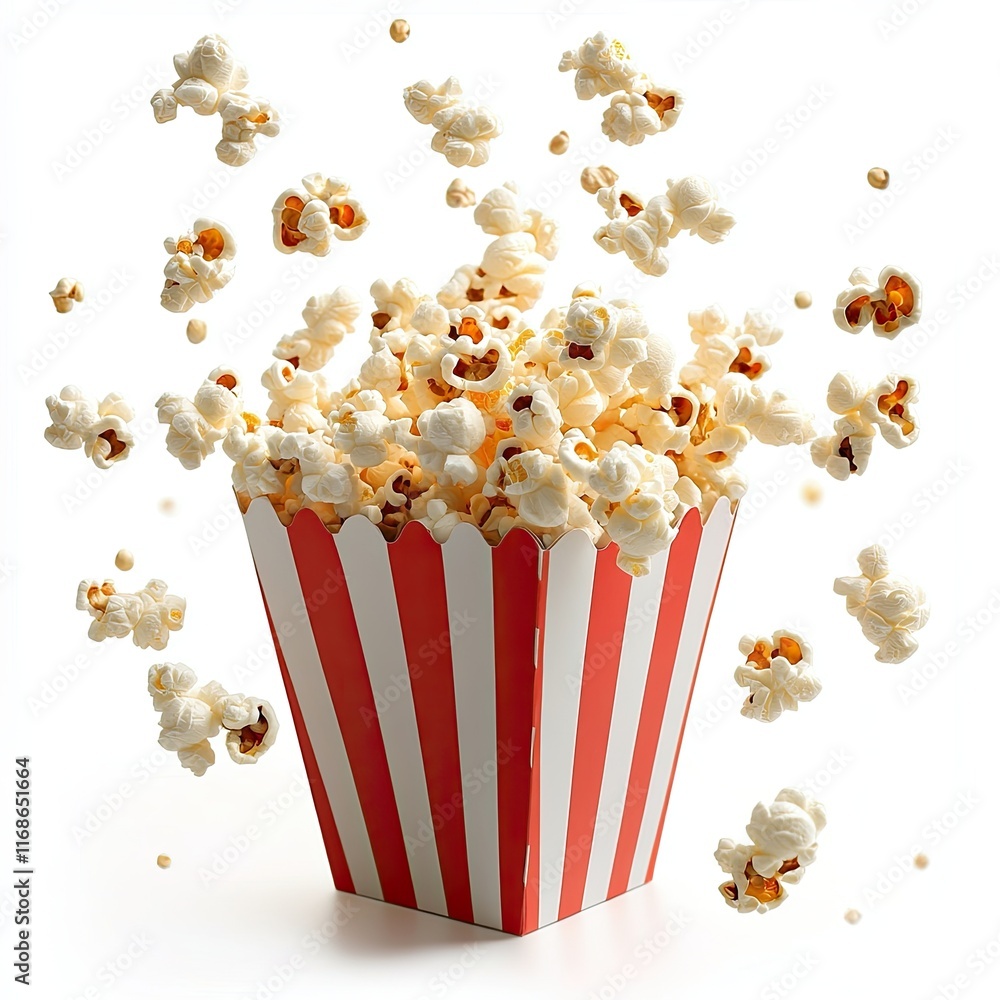 popcorn flying out of red white striped paper box isolated on white background popcorn flying out of red white striped paper box isolated on white background
