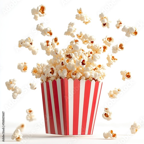 popcorn flying out of red white striped paper box isolated on white background 