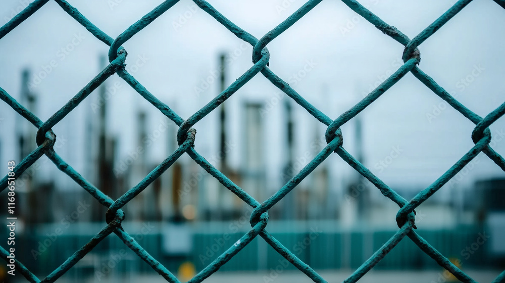 Fototapeta premium Vista de refinería industrial a través de una cerca de malla metálica