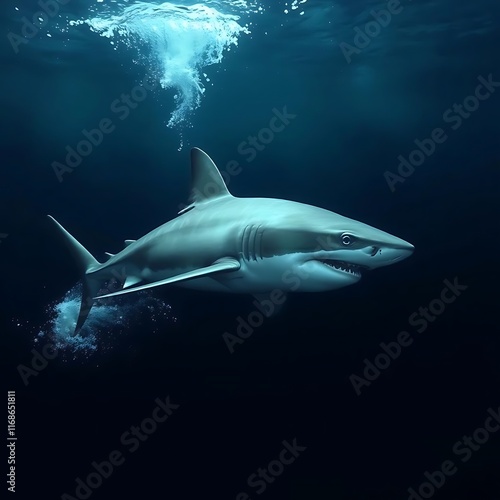 A majestic shark, likely a great white, swims powerfully in the deep ocean, illuminated by subtle underwater light photo