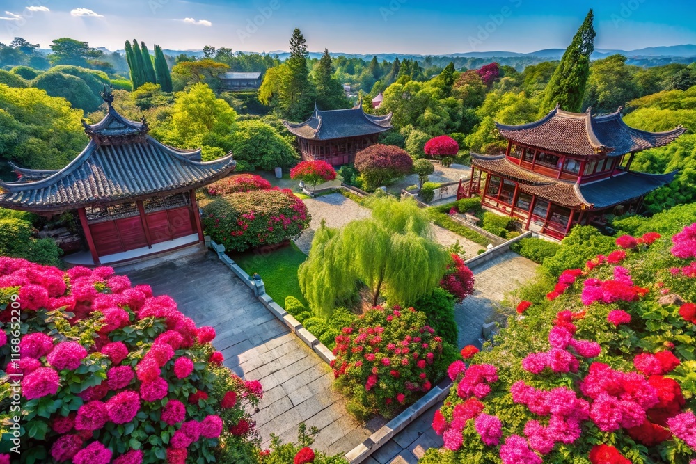 Fototapeta premium Aerial View of Vibrant China Rose Flowers in a Chinese Garden
