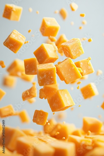 Falling cheddar cheese cubes scattering isolated on white background  photo