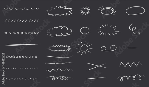 Chalk scribble doodle arrow, line elements set. Crayon arrow, underline, handwritten mark check. Rough hand drawn marker sketch with brush grunge texture. Hand drawn doodle brush lines vector image.