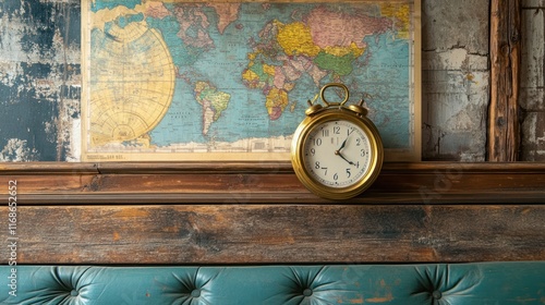 Vintage alarm clock sits on wooden surface against a world map background. photo