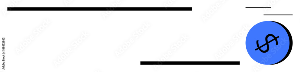 Blue circle with a black dollar sign, surrounded by minimalist black lines of varying lengths and thicknesses. Ideal for finance, minimalism, business concepts, currency themes, modern design Blue circle with a black dollar sign, surrounded by minimalist black lines of varying lengths and thicknesses. Ideal for finance, minimalism, business concepts, currency themes, modern design
