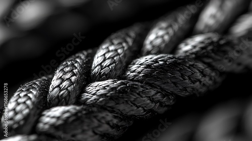 Close-up of a braided rope, showcasing texture and intricate detail in monochrome. photo