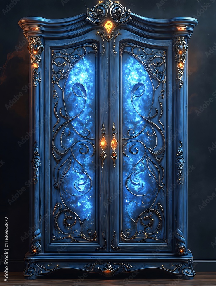 Enchanting blue ornate wardrobe with glowing panels. Enchanting blue ornate wardrobe with glowing panels.