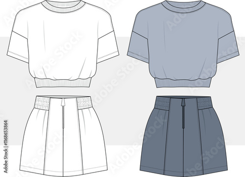 women cropped t shirt and zip-up skirt set technical fashion illustration with elastic waistband. Fashion drawing, CAD mock up.