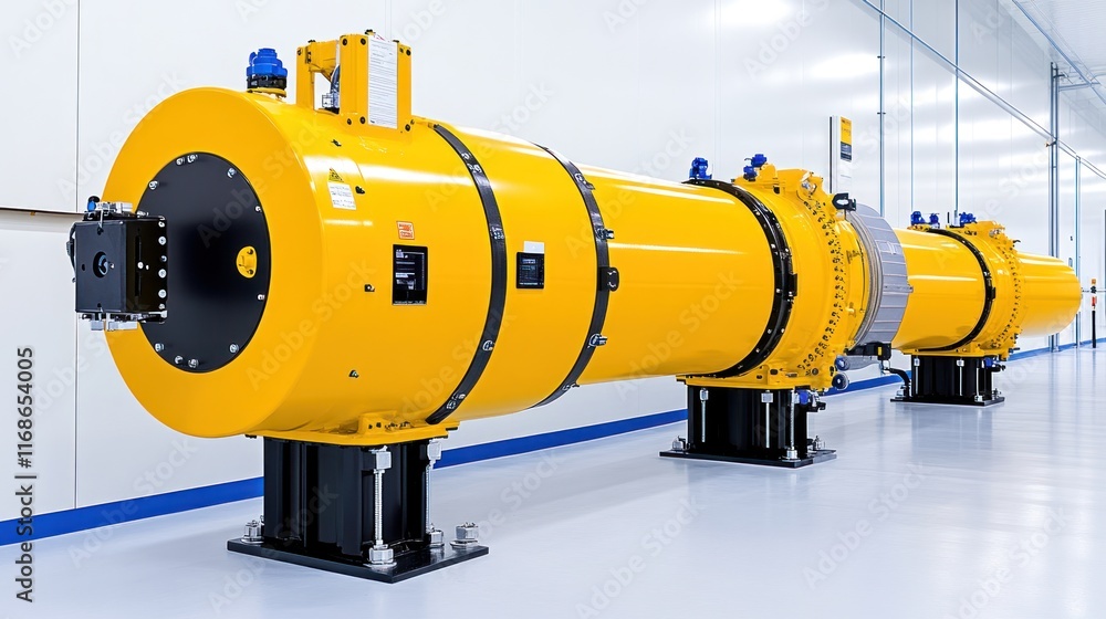 Industrial equipment with yellow cylindrical components in a facility. Industrial equipment with yellow cylindrical components in a facility.