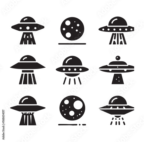 UFO - Flying saucer with light beam. Icon for design vector silhouette SH