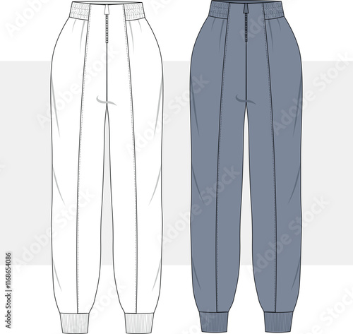 Unisex zip-up joggers pants. Joggers technical fashion illustration with elastic waistband. Fashion drawing, CAD mock up.