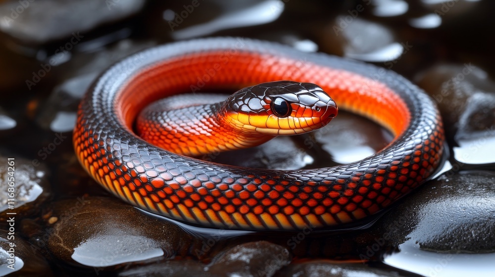 Obraz premium Slithering Snake on Wet Pebbles with Glossy Reflections - Nature's Textured Serpent Exploration