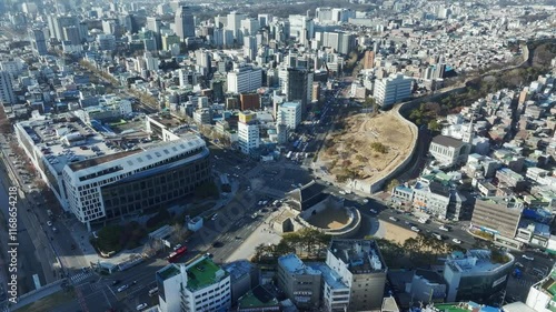 Aerial View of Seoul city in South Korea, Dongdaemun Design Plaza, DDP, Winter photo