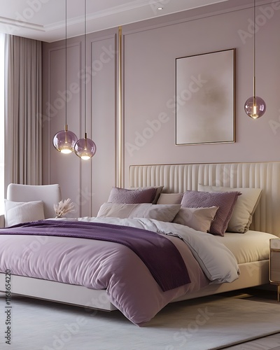Modern Elegant Bedroom Design with Soft Purple Accents and Lighting