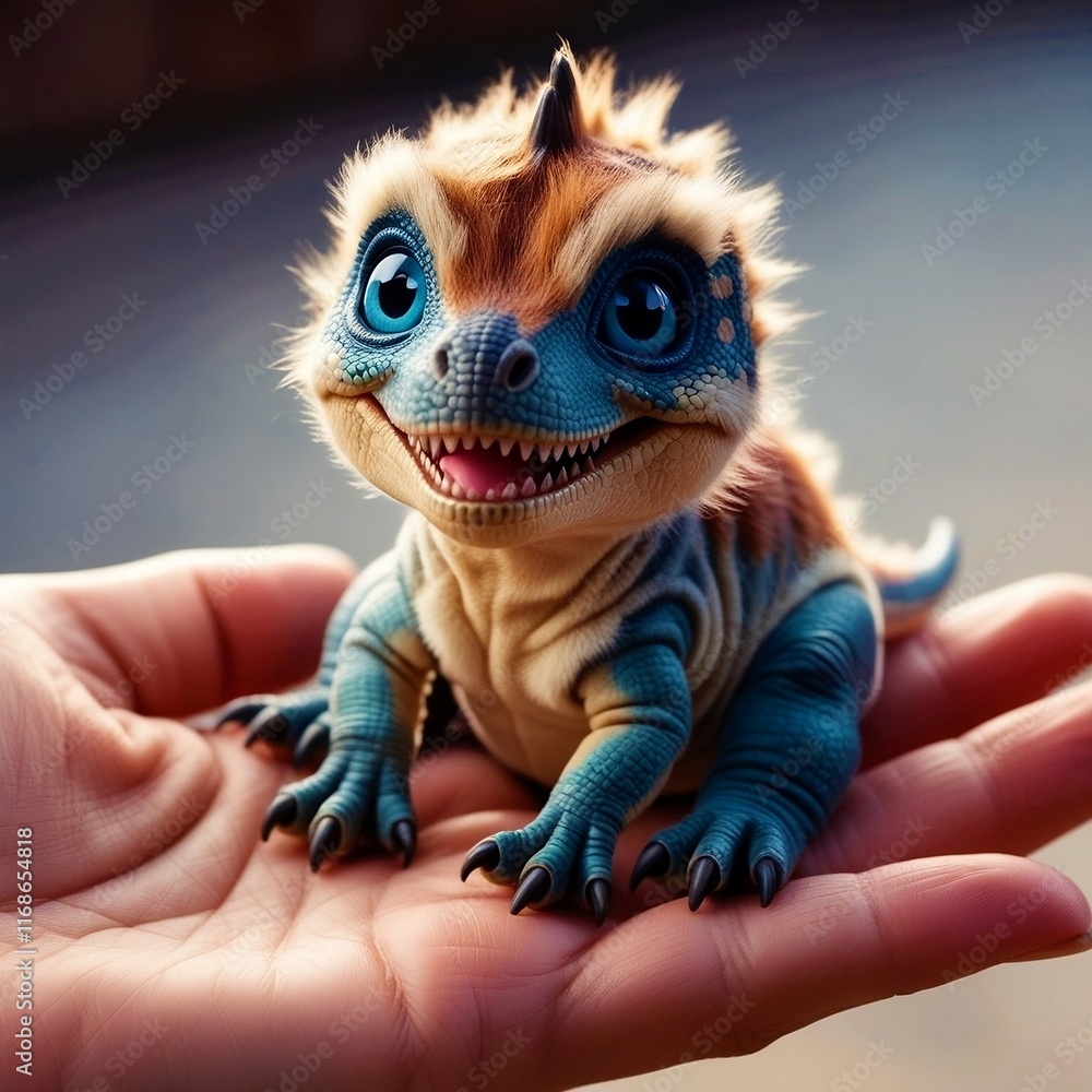 Fototapeta premium A Majestic Micro Blue Little Dinosaur Sitting On The Human Hand With Selective Focus.