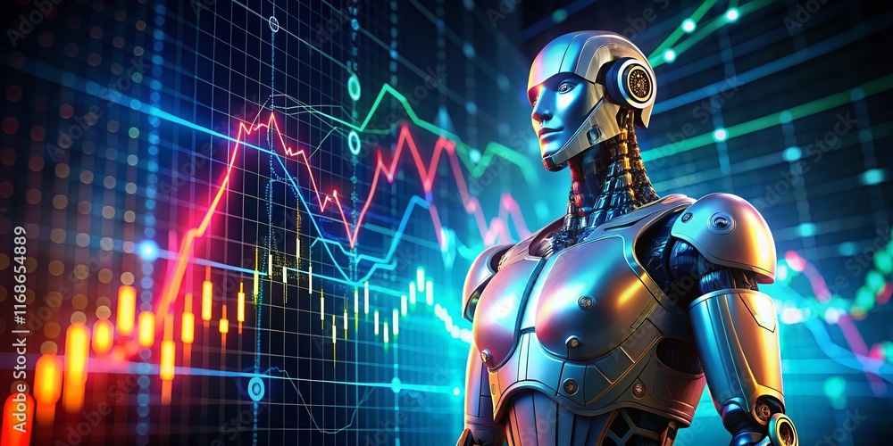 Naklejka premium AI Trading Robot Analyzing Crypto Growth Chart - Futuristic Stock Market Analysis