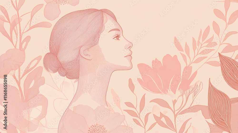 Young woman in profile amidst soft floral patterns Young woman in profile amidst soft floral patterns