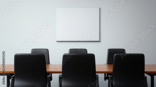 Modern Boardroom Setting with Empty Canvas on Wall and Sleek Black Chair Arrangement