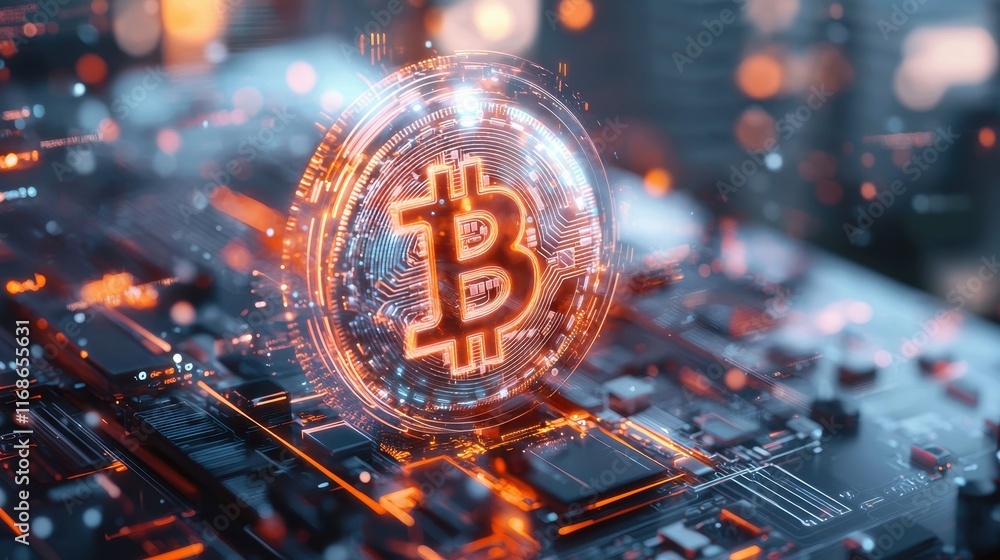 Digital Representation of Bitcoin on Futuristic Circuit Board with Glowing Effects Digital Representation of Bitcoin on Futuristic Circuit Board with Glowing Effects