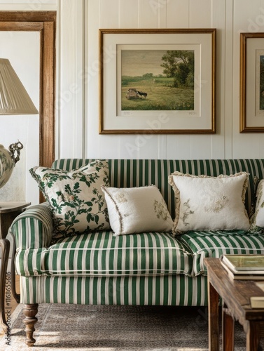 Green Striped Sofa With Floral Pillows In A Room