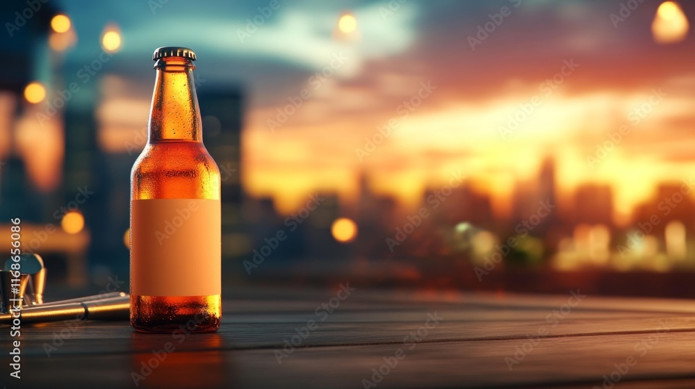 Beer Bottle Mockup in an Urban Rooftop Bar. Generative AI Beer Bottle Mockup in an Urban Rooftop Bar. Generative AI