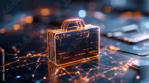 Futuristic Digital Briefcase in a Cyber Environment with Glowing Elements and Connections