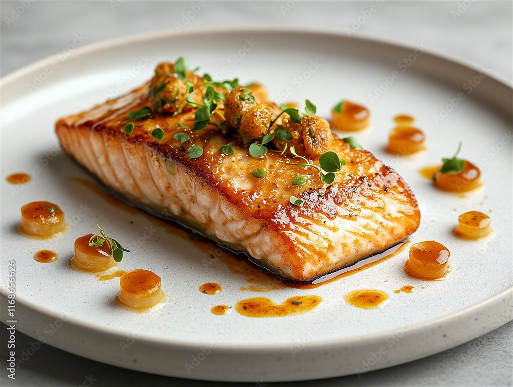 Food photography. Fried red fish with herbs and sauce on white plate. Cooking photography. Food photography. Fried red fish with herbs and sauce on white plate. Cooking photography.