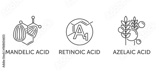 Mandelic, Retinoic, Azelaic acid - icons set set for labeling in thin line