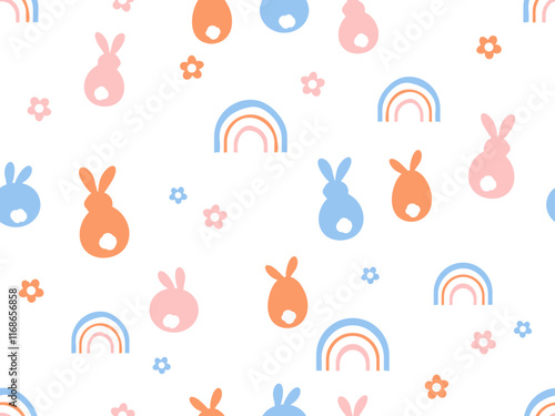 Seamless pattern with bunny rabbit cartoons, rainbows and daisy flower on white background vector. 