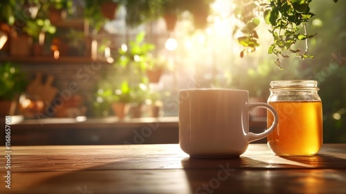 Rustic Coffee Cup with Honey Jar in Farmhouse Kitchen. Generative AI photo