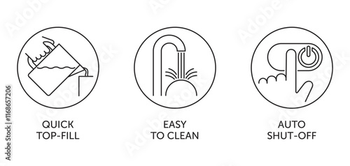 Air Humidifier icons - Quick Top-fill, Easy to clean, Auto Shut-off 