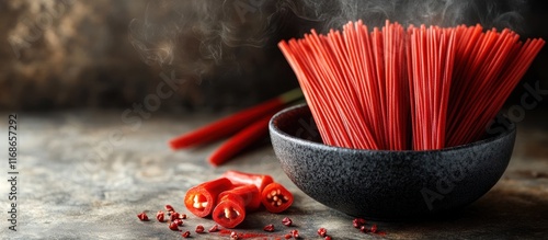 Close up of spicy red chili peppers in a black ceramic bowl on a rustic wooden table with copy space  Concept of gourmet cuisine culinary arts and the use of hot photo