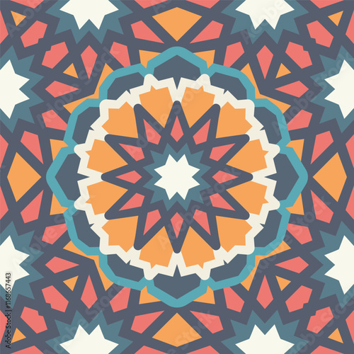 A bold Islamic geometric design focusing on a central starburst motif surrounded by intricate polygonal details in warm hues. Seamless pattern.