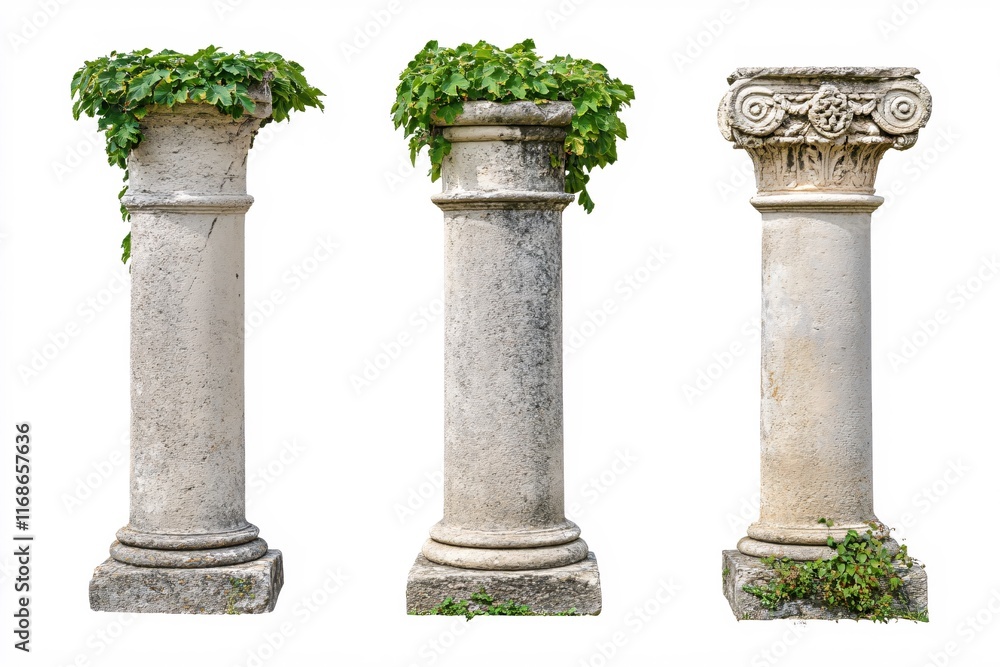 Fototapeta premium Three Ancient Stone Columns with Green Ivy on Top Isolated on White Background
