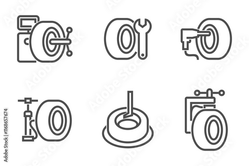 Tire fitting services icons set in bold line