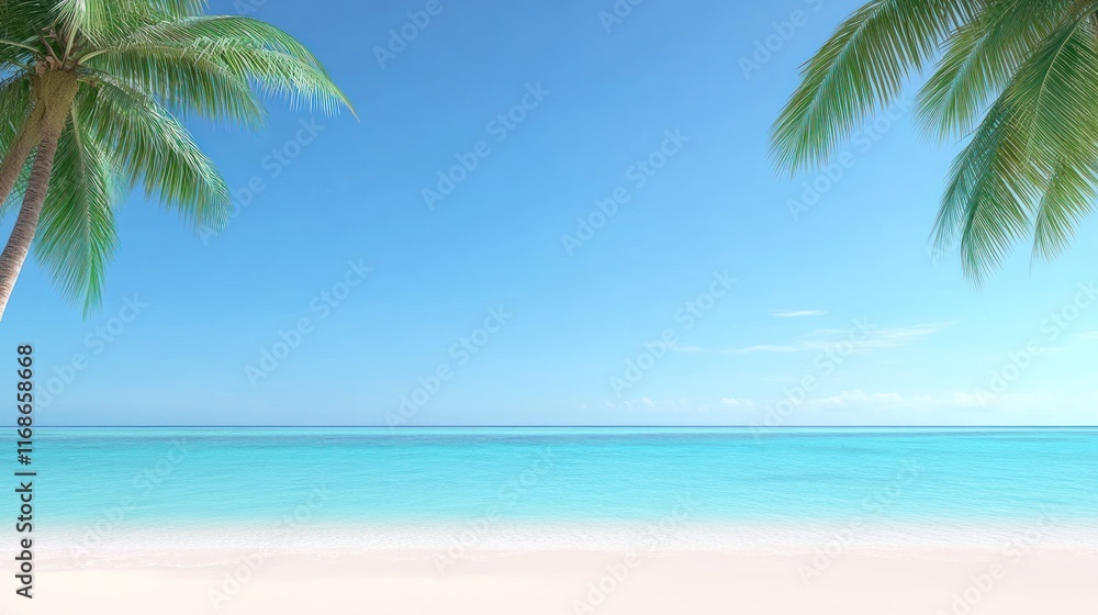 Fototapeta premium Serene beach scene with clear blue water and palm trees.