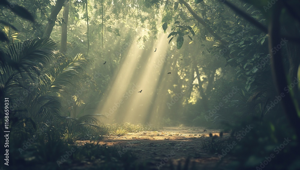 Obraz premium Sunbeams Illuminate the Lush Rainforest Path