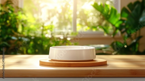 Minimalist Pet Bowl on a Bright Kitchen Counter. Generative AI photo