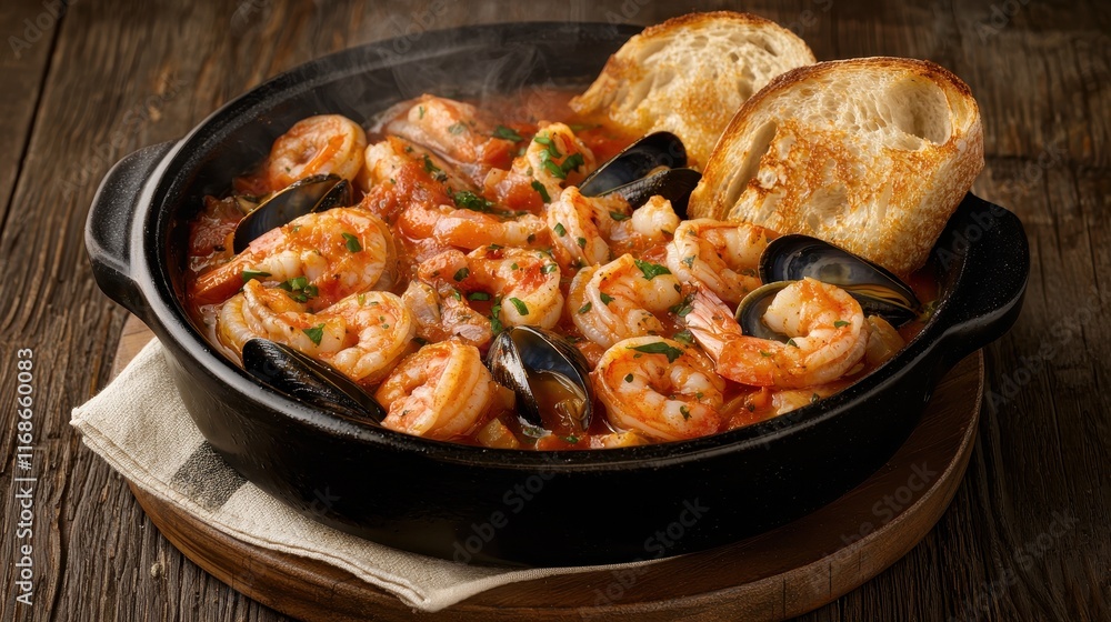 A steaming seafood dish featuring shrimp and mussels, served with toasted bread, highlighting rich flavors in a rustic setting. A steaming seafood dish featuring shrimp and mussels, served with toasted bread, highlighting rich flavors in a rustic setting.